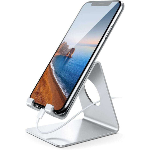 Cell Phone Stand, Desk Phone Holder Cradle, Compatible with Phone 12 Mini 11 Pro Xs Max XR X 8 7 6 plus SE, All Smartphones Charging Dock, Office Desktop Accessories - Silver - SJMUSICGROUP