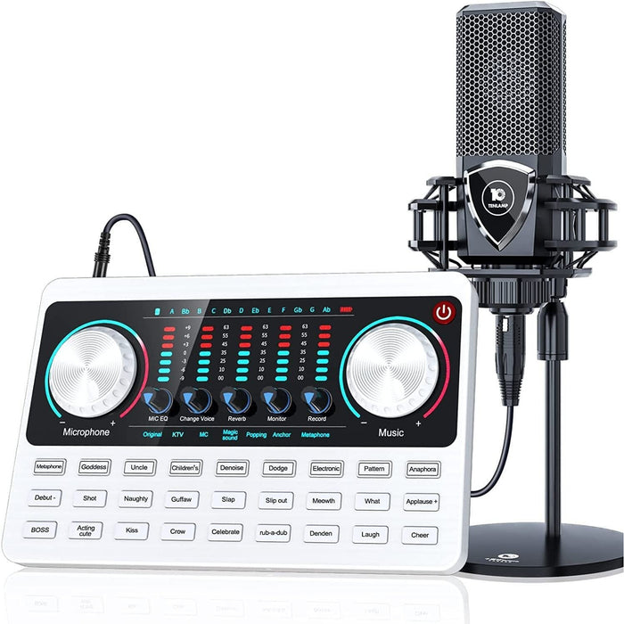 Podcast Equipment Bundle,  Q8 Podcast Microphone with Sound Board Voice Changer Mixer Controller, Studio Live Sound Card Kit for PC Smartphone Recording Live Streaming