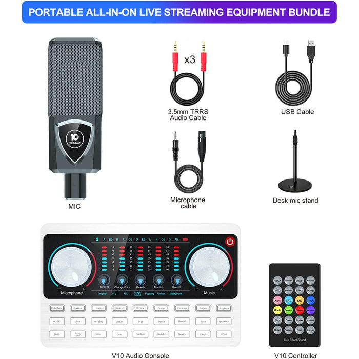 Podcast Equipment Bundle,  Q8 Podcast Microphone with Sound Board Voice Changer Mixer Controller, Studio Live Sound Card Kit for PC Smartphone Recording Live Streaming