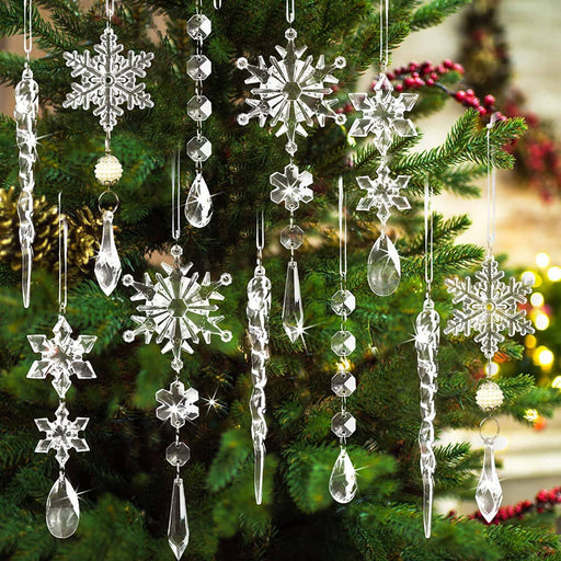 18 Pcs Crystal Christmas Ornaments for Tree Decorations - Acrylic Snowflake and Icicle Ornaments with Drop Pendants 